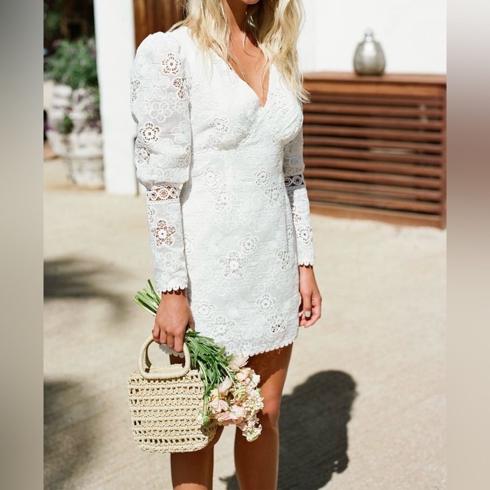 Lulus Blissful Times White Embroidered Lace Puff Sleeve Mini Dress
